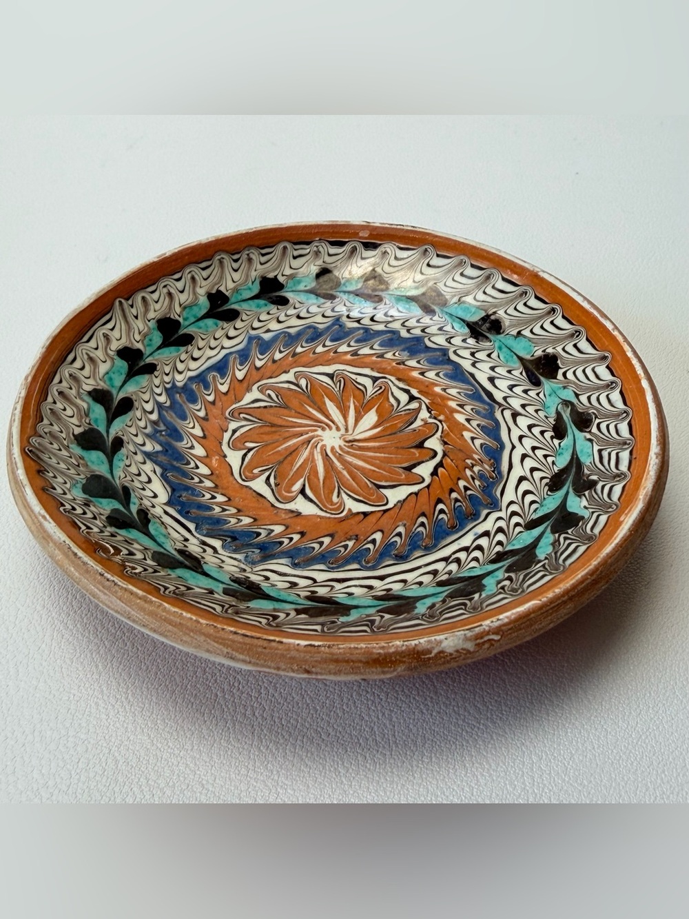 Bascu Horezu Romania Ceramic Clay Pottery Trinket Dish Small 4" Multicolor